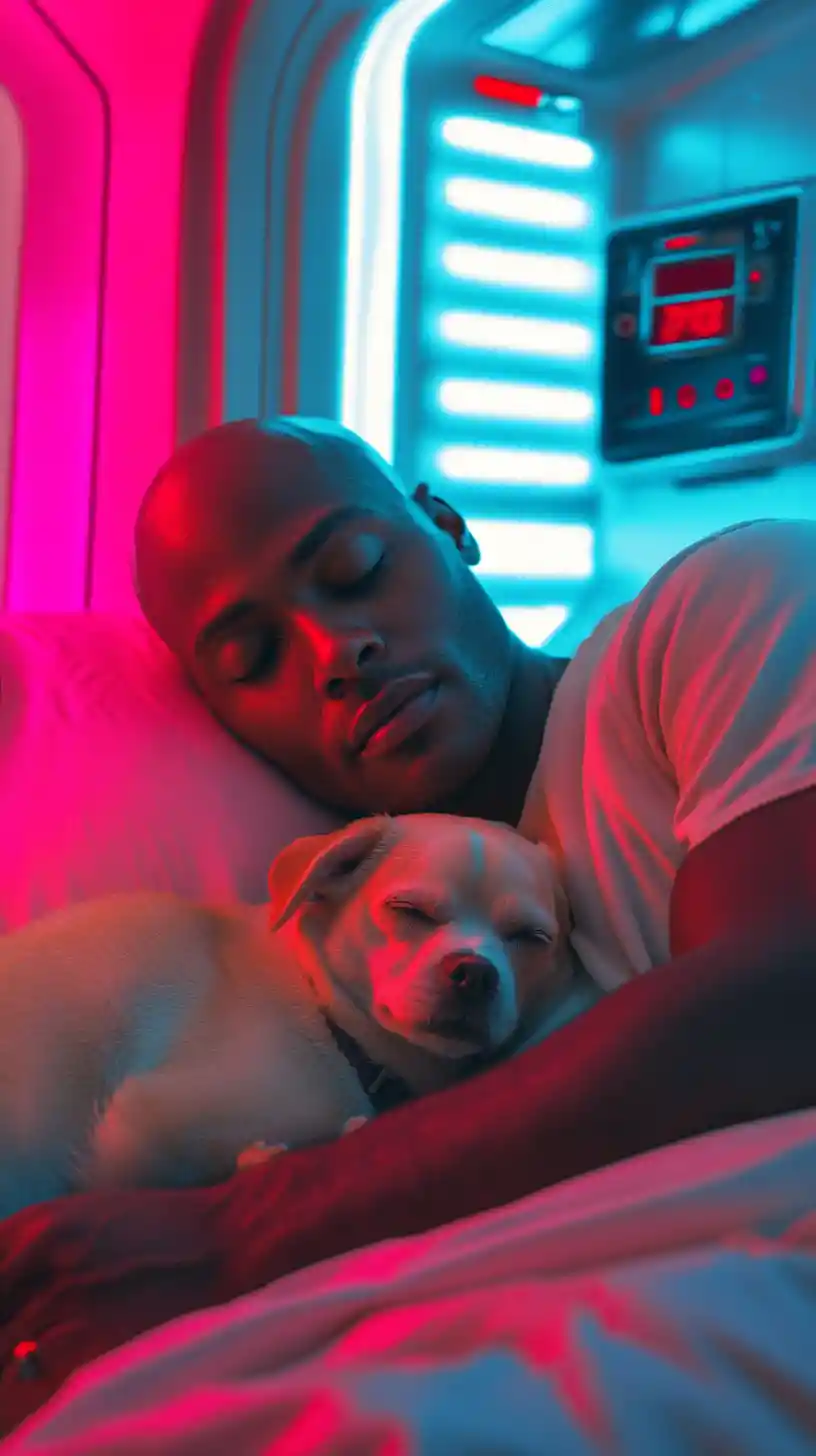Bald black man sleeping in bed with small shih tzu dog