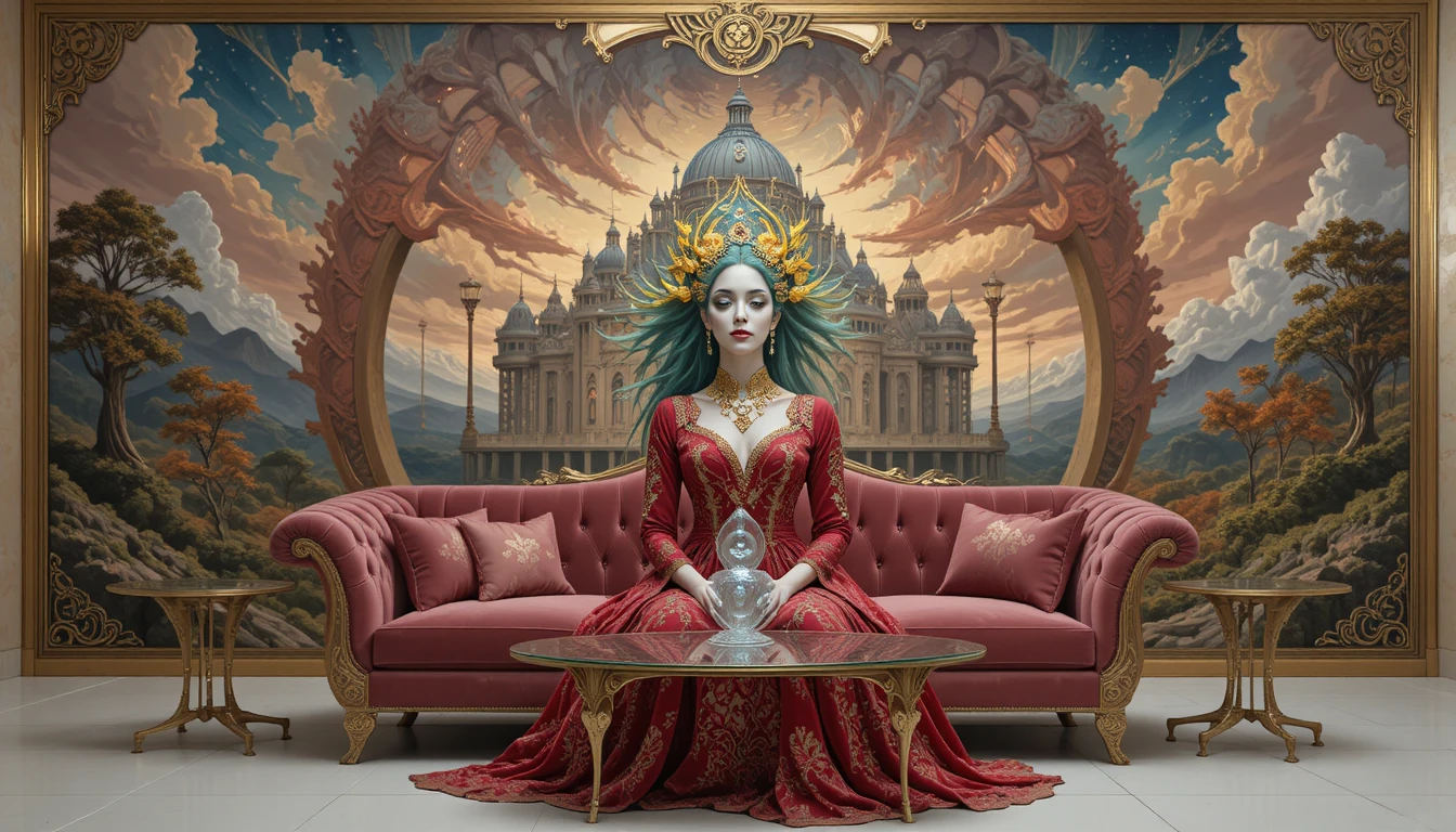Sofá surreal de terciopelo rojo frente a una pintura cósmica en espiral