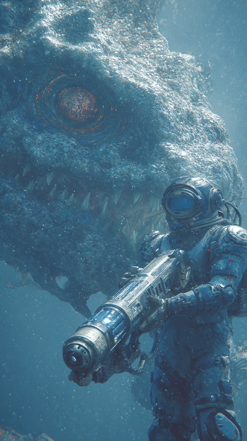 Mergulhador futurista das profundezas enfrenta um colossal monstro kaiju