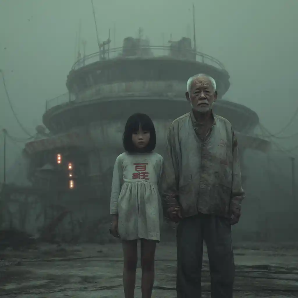 Ragazza asiatica con il nonno in una città cinese futuristica