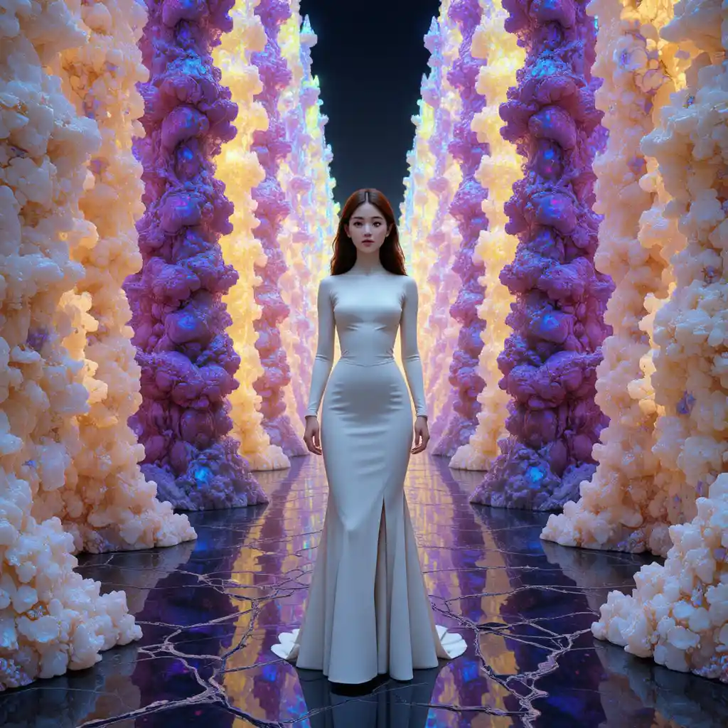 Estudiante coreana con alta costura de porcelana entre torres de cristal iridiscente