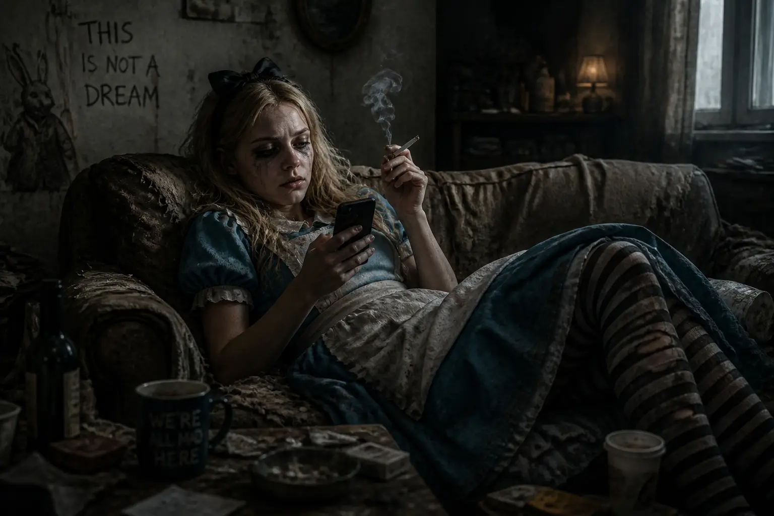 Exhausted woman on shabby sofa in dark apartment