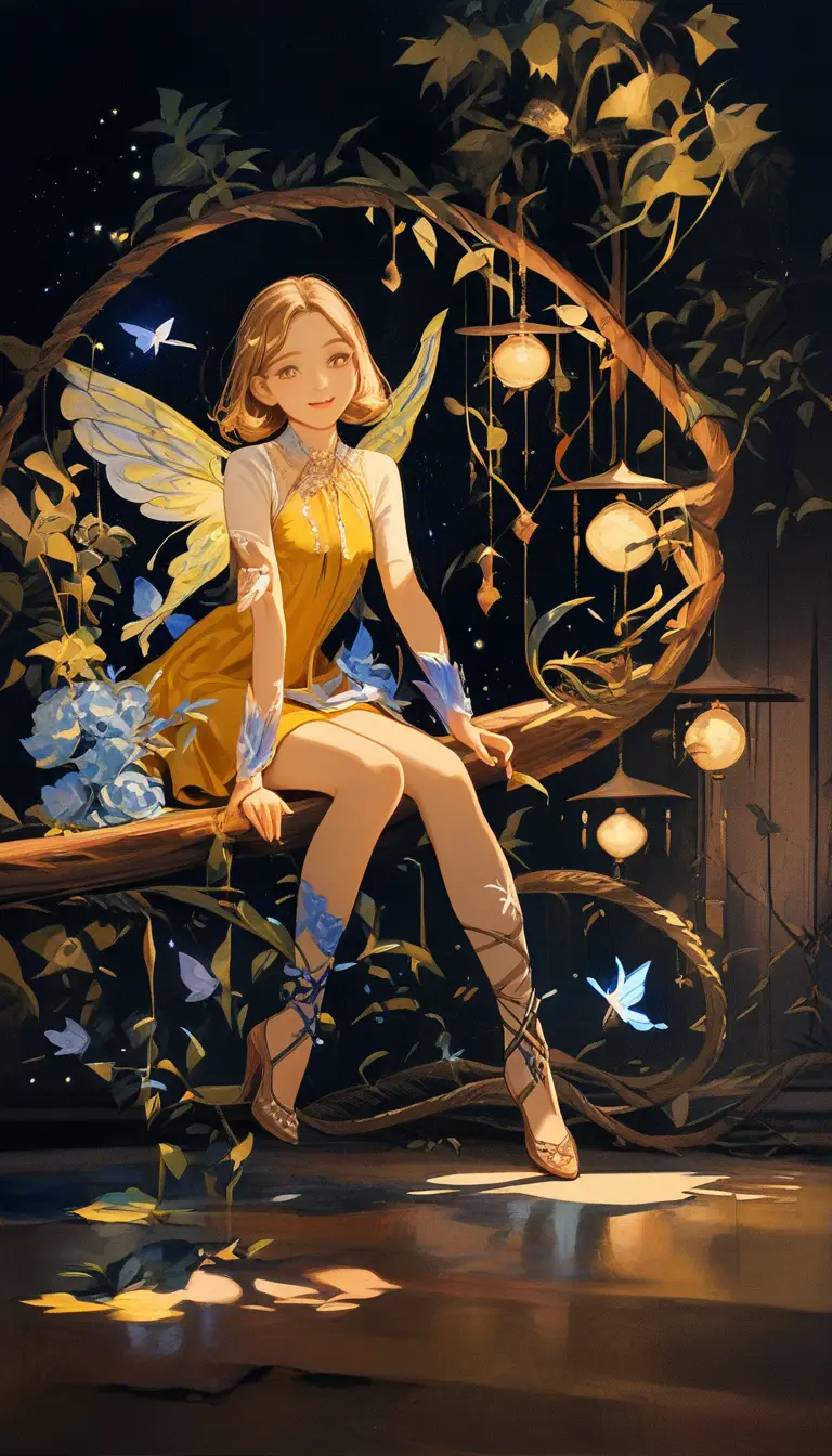 Smiling tiny fairy girl on a glowing flower vine swing