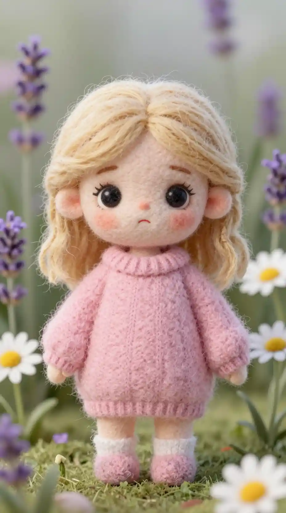 Whimsical felt girl doll in soft dreamy setting