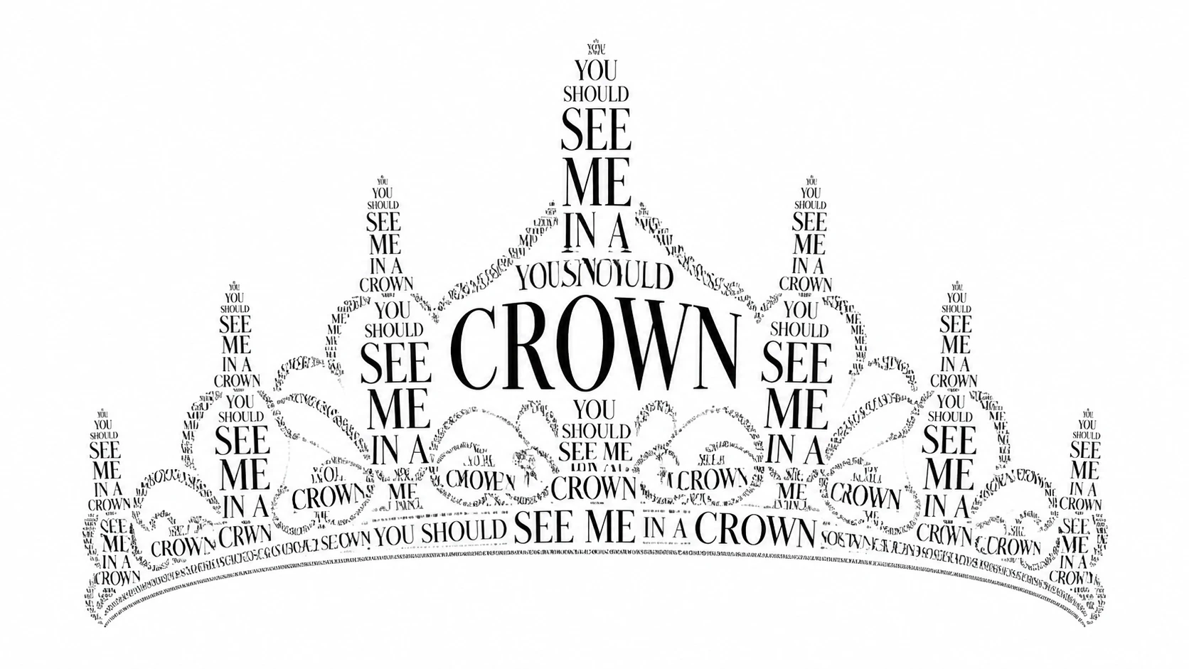 Arte tipografica a forma di corona con testo serif nero in grassetto