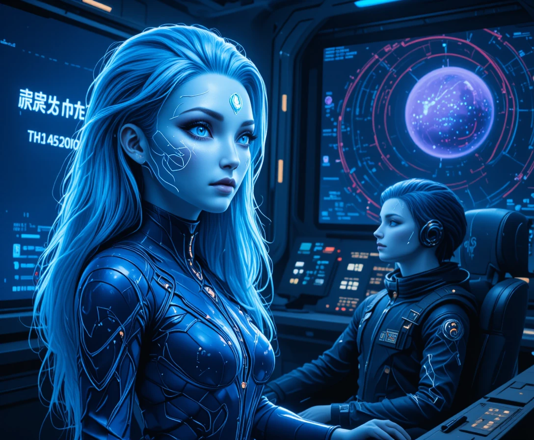Mulher alienígena de cabelo azul em retrato de nave espacial futurista