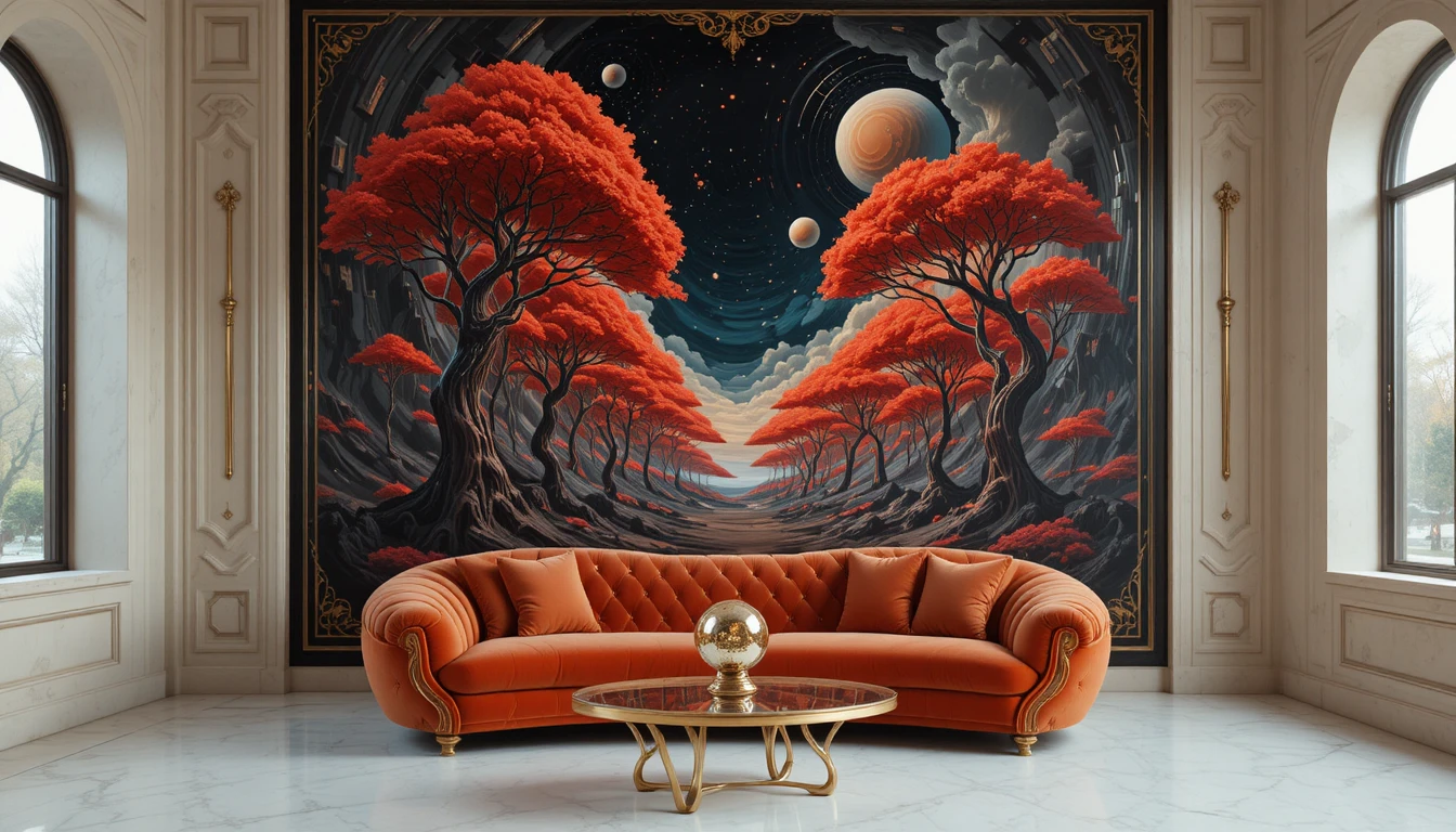 Sofá surreal de veludo vermelho diante de pintura cósmica em espiral