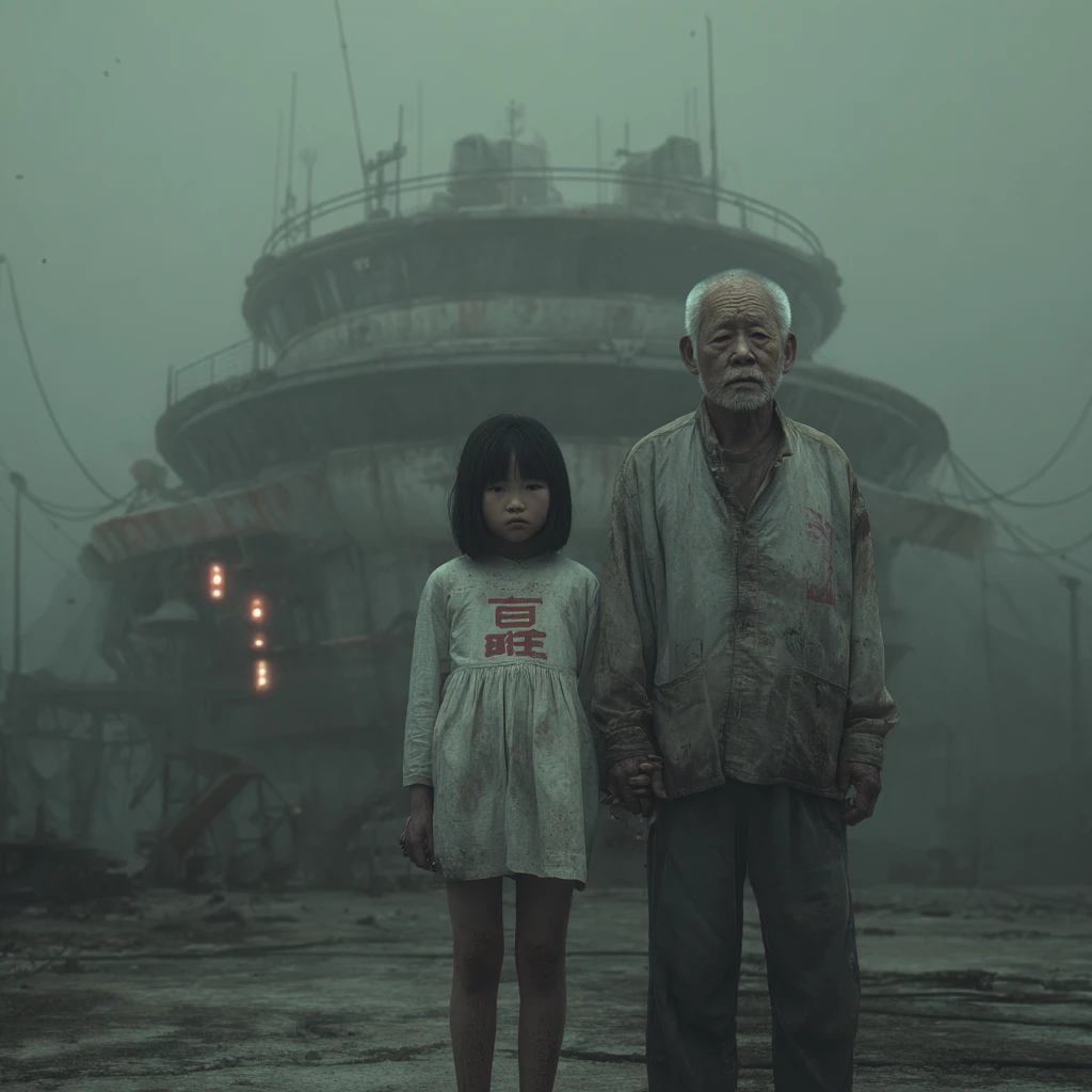 近未来的な中国の街にいる祖父とアジア人の少女