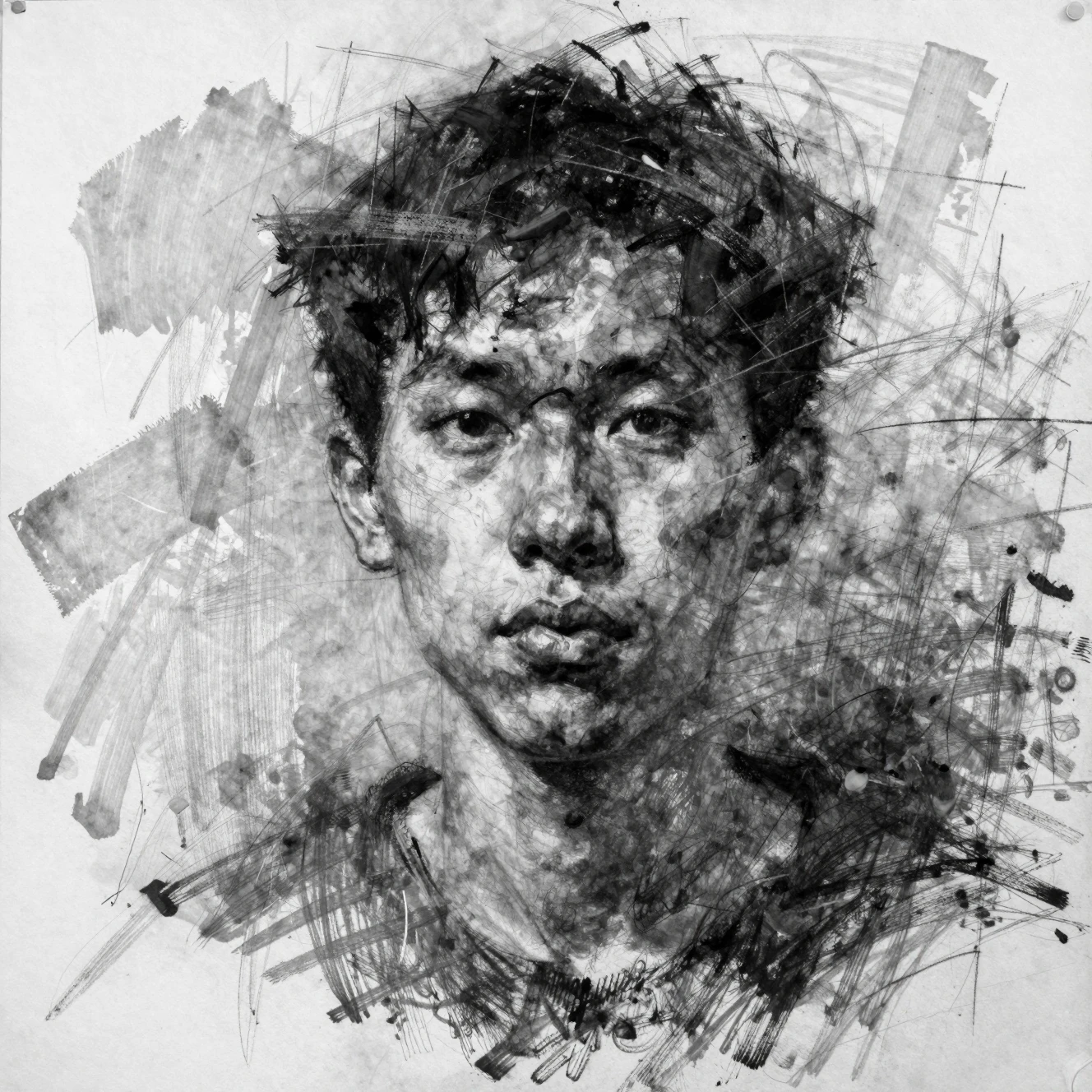 Retrato fragmentado a carvão de um jovem emergindo do caos