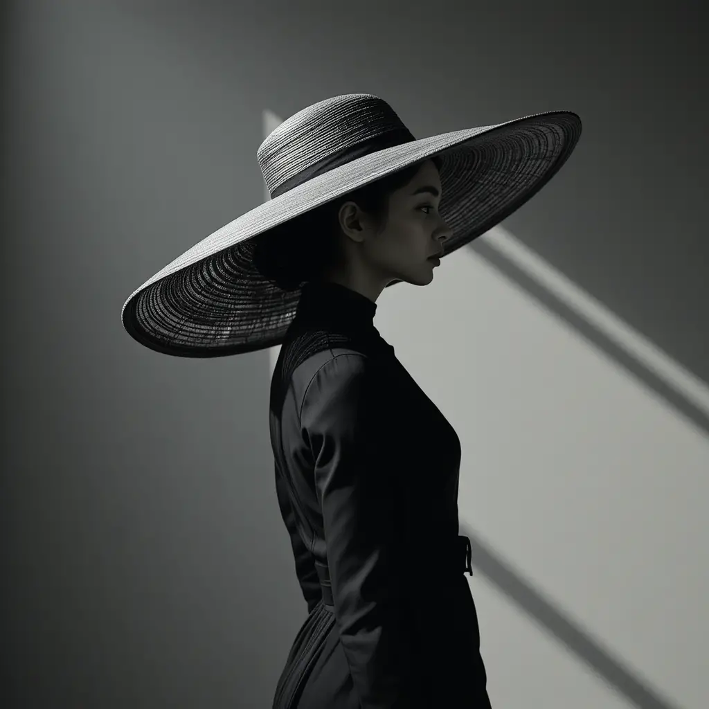 Elegant woman in black dress with wide grey hat