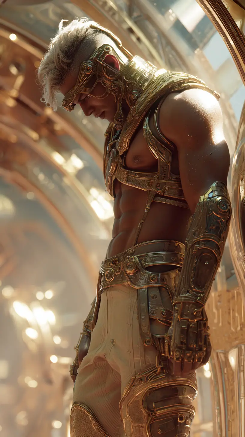 Frightened Futuristic Warrior In A Decadent Spacecraft Interior