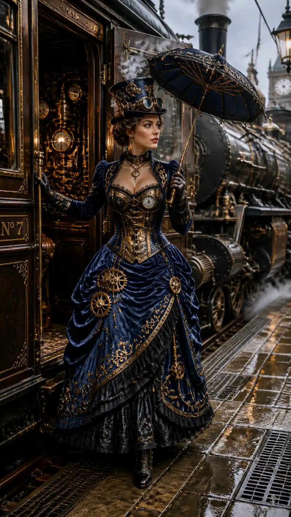 Steampunk woman stepping from ornate carriage onto platform