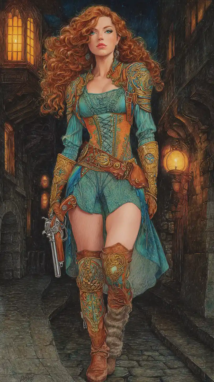Fantasy warrior woman on a lantern lit medieval street