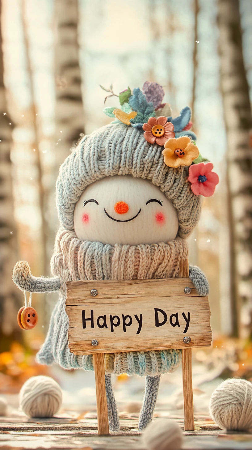 Cute yarn ball with hat in sunny birch forest