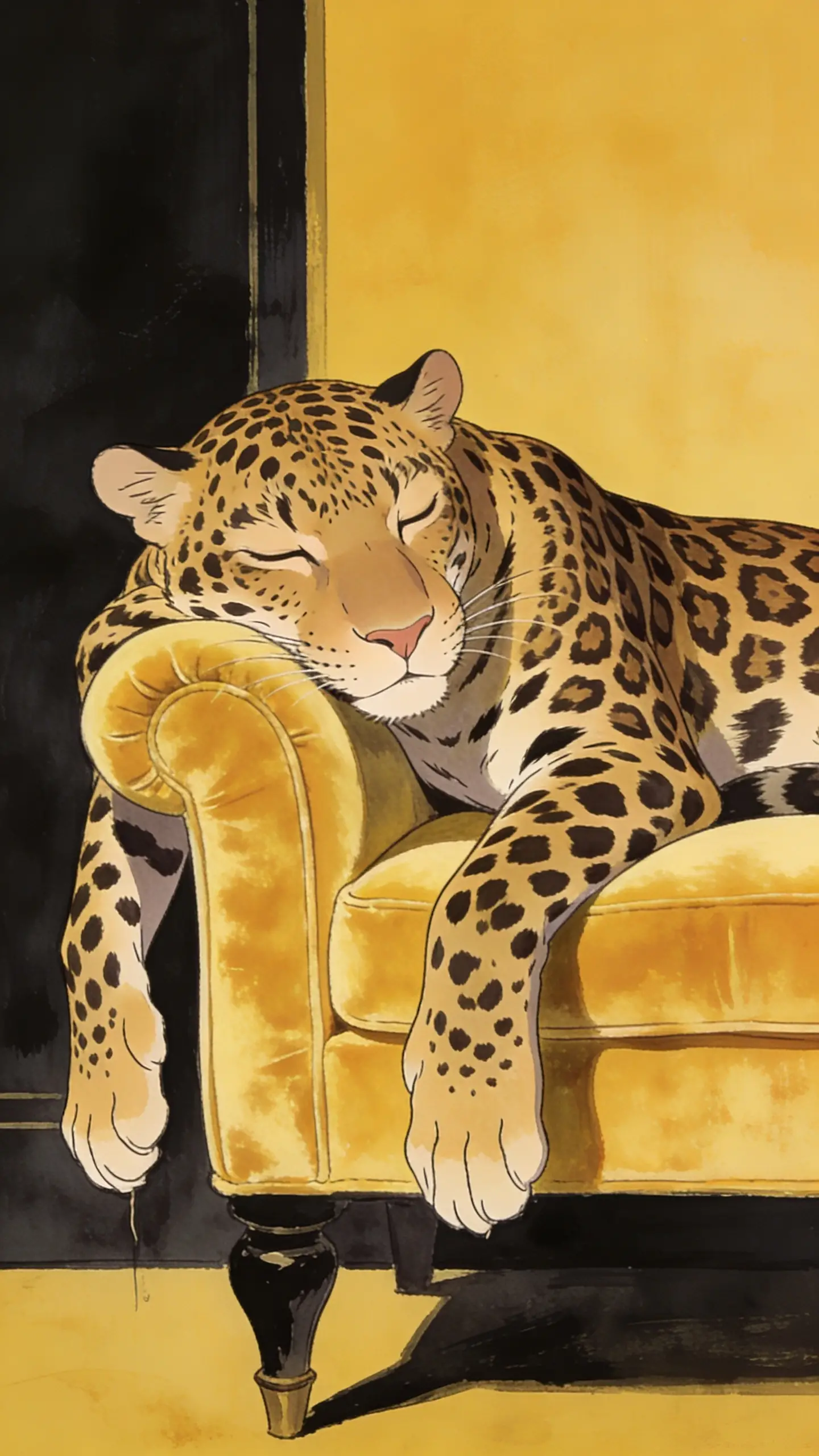 Sleepy leopard on yellow velvet bench in moody noir style