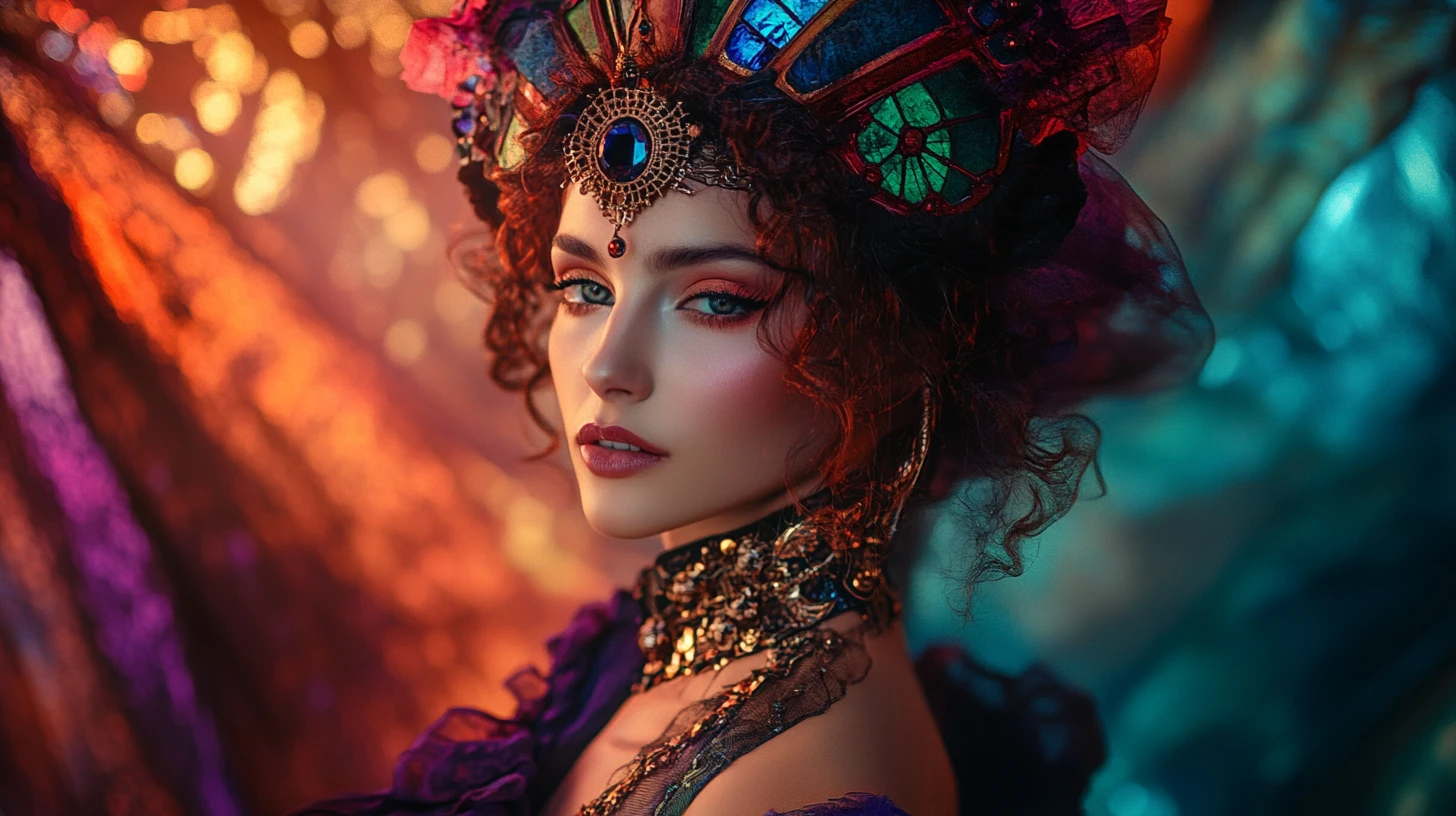 Avant garde steampunk fashion woman in vibrant textiles