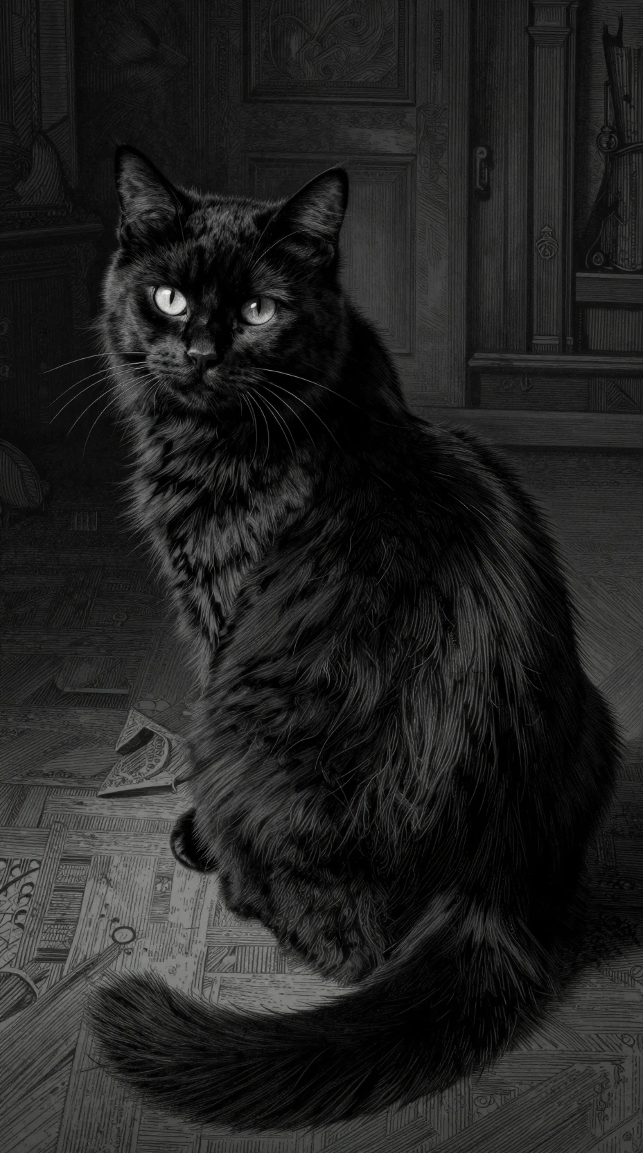 Flauschige schwarze Katze, die sich im gotischen Radierstil umblickt