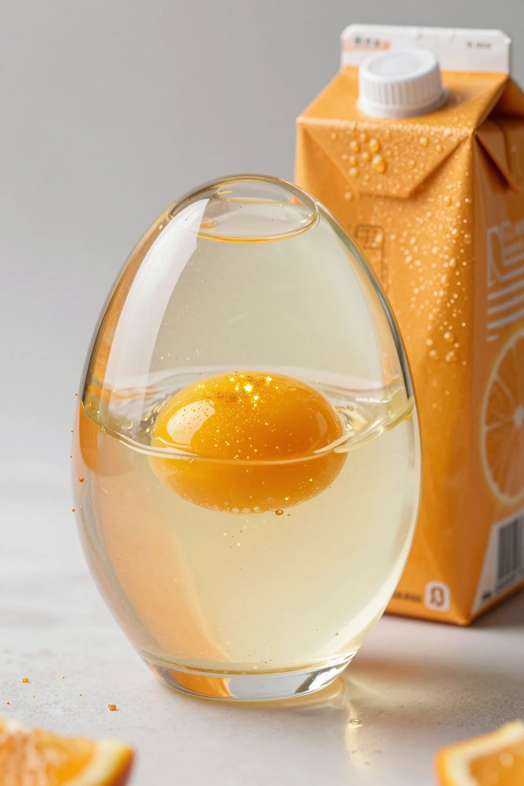 Œuf en verre au jaune doré à côté d’une brique de jus d’orange frais