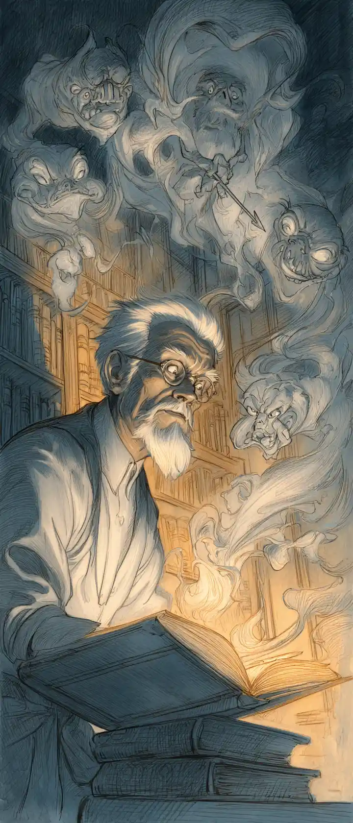 Elderly storyteller with living ink in candlelit library
