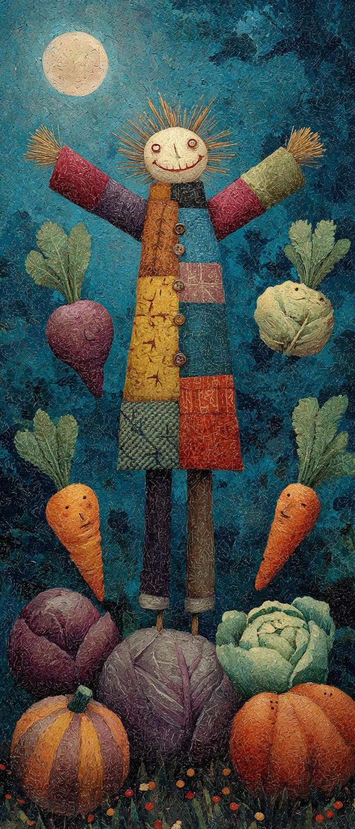Espantalho lúdico regendo vegetais dançantes à noite