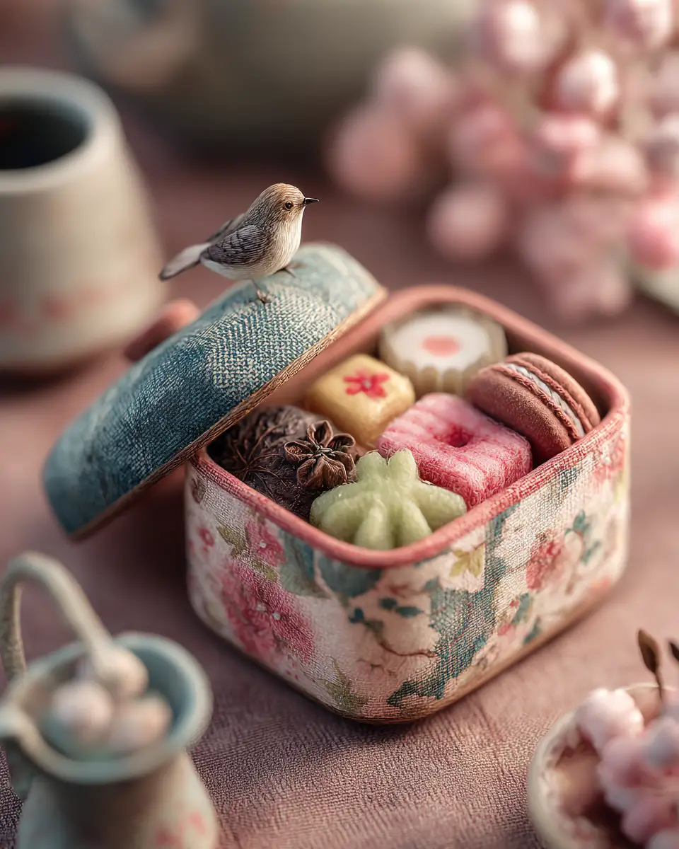Handgefertigte Bento-Box aus Stoff mit niedlichen Miniaturdetails