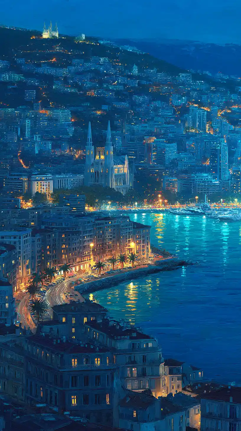 Skyline notturno di Algeri con luci costiere brillanti