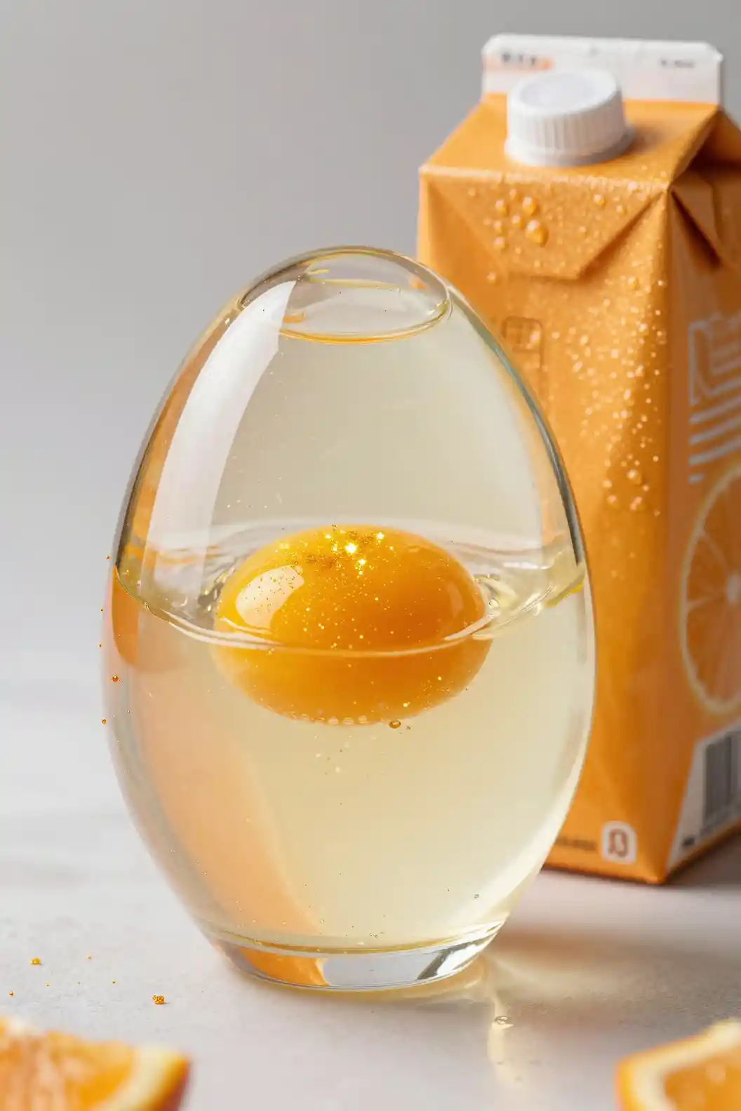 Glass egg with golden yolk beside fresh orange juice carton