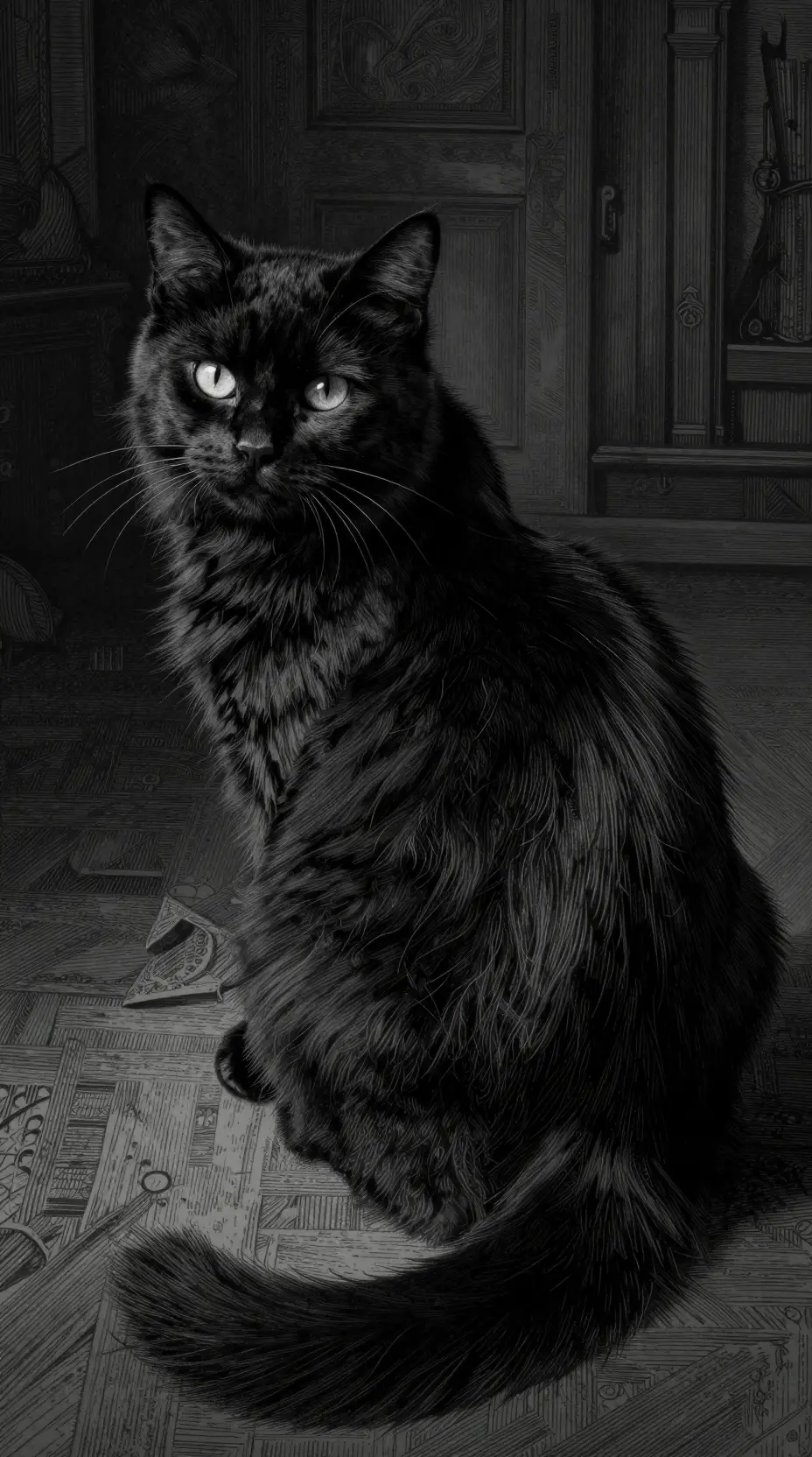 Flauschige schwarze Katze, die sich im gotischen Radierstil umblickt