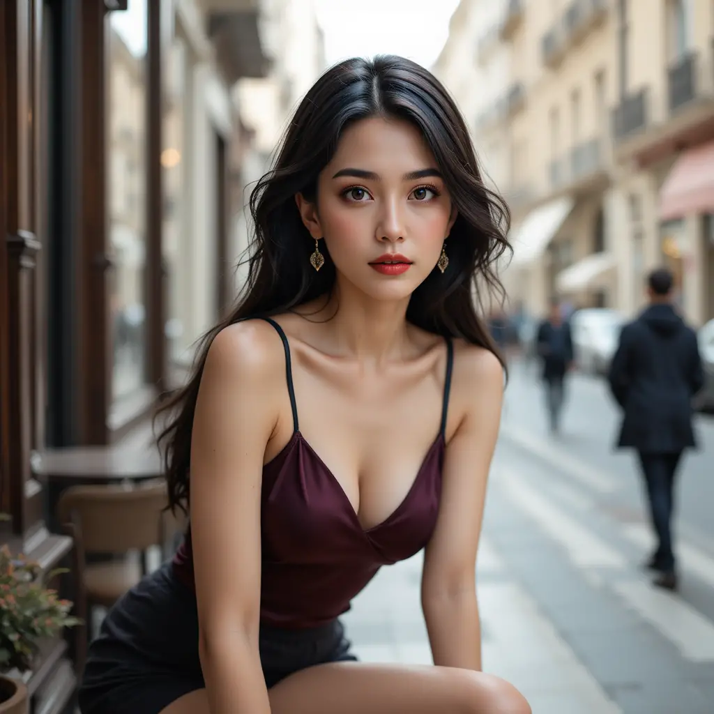 Young woman in silk camisole leaning forward in apartment