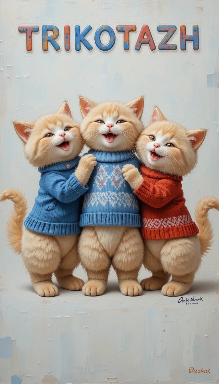 Três gatos de pelúcia em estilo cartoon com roupas de tricô coloridas