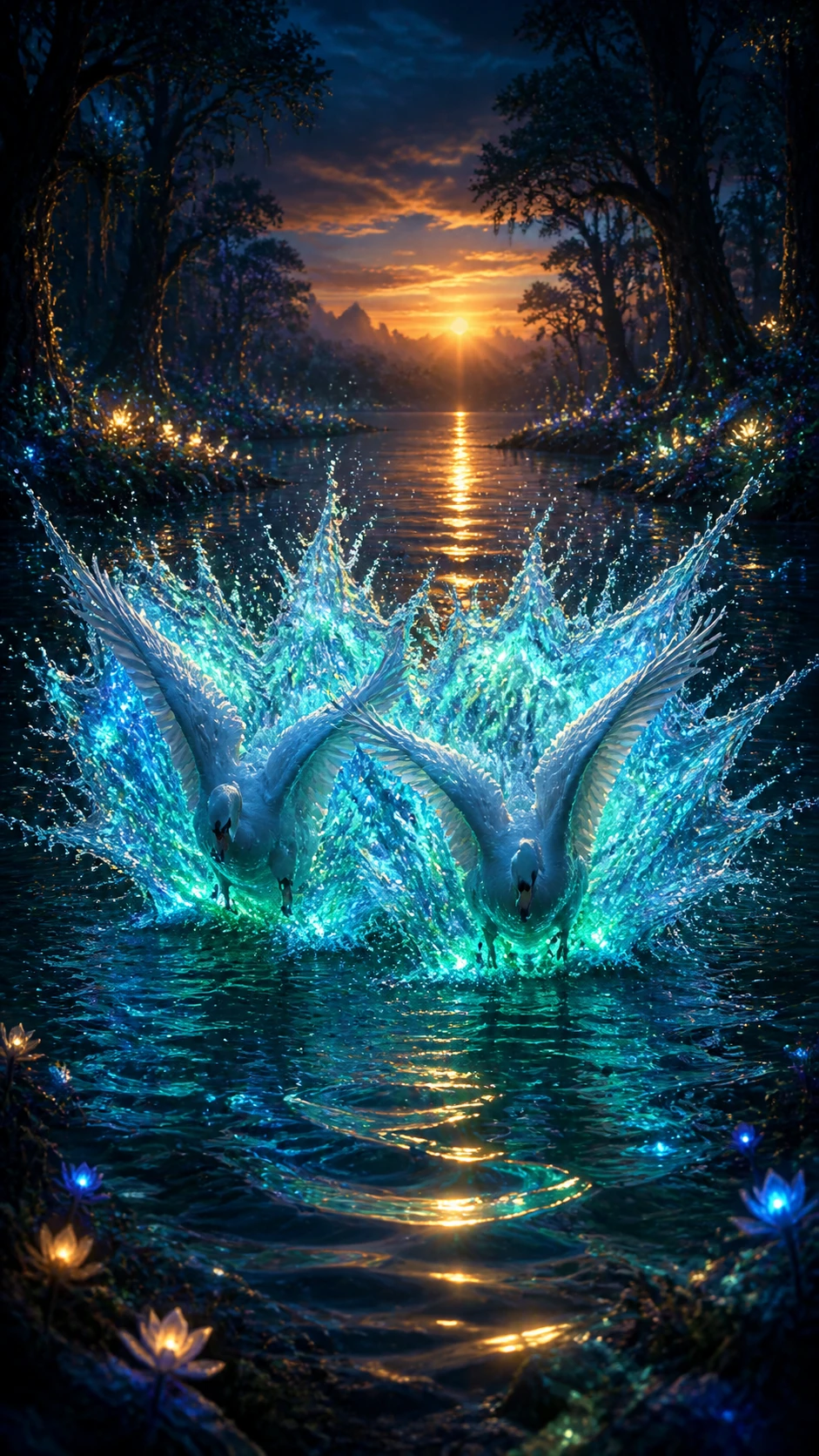 Deux cygnes blancs plongeant dans une eau lumineuse au crépuscule