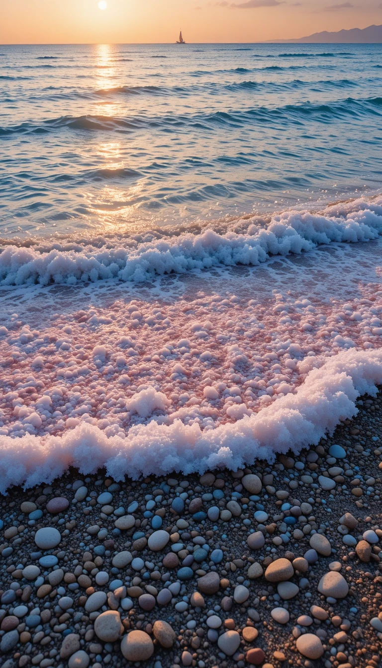 Costa marítima serena com seixos na areia e brilho do nascer do sol