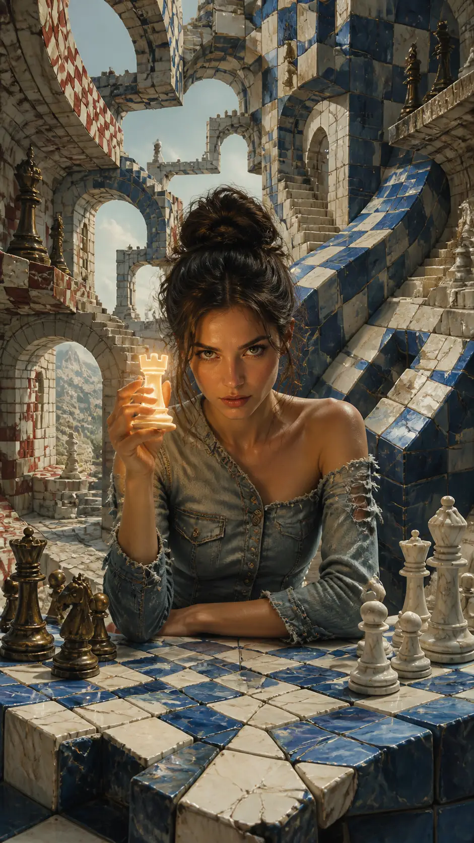Mulher com torre de xadrez brilhante em arquitetura impossível de azulejos