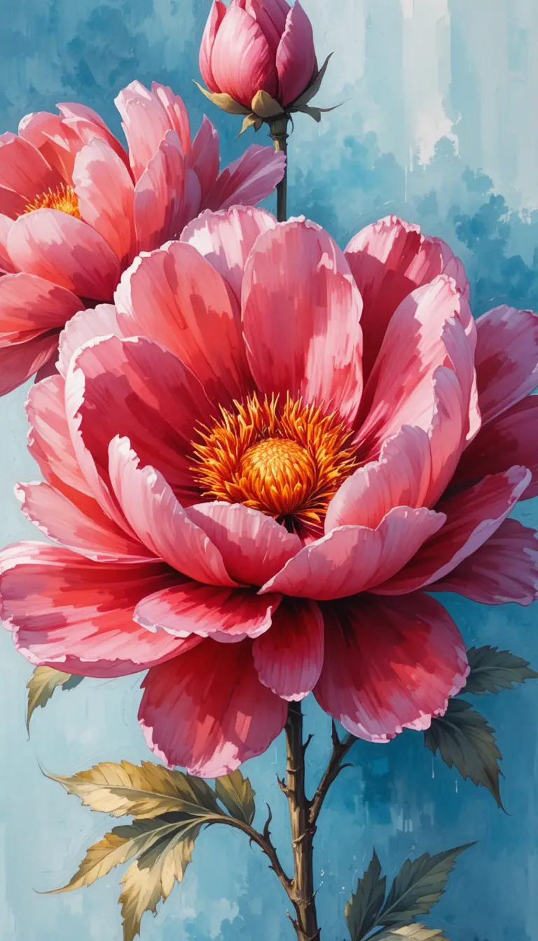 Delicada pintura digital de peônias floridas com fundo azul
