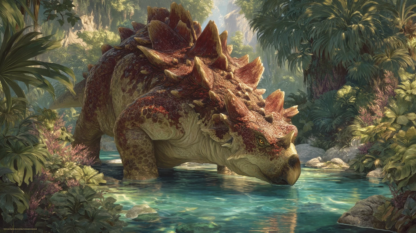 Estegosaurio bebiendo de un río en una jungla prehistórica