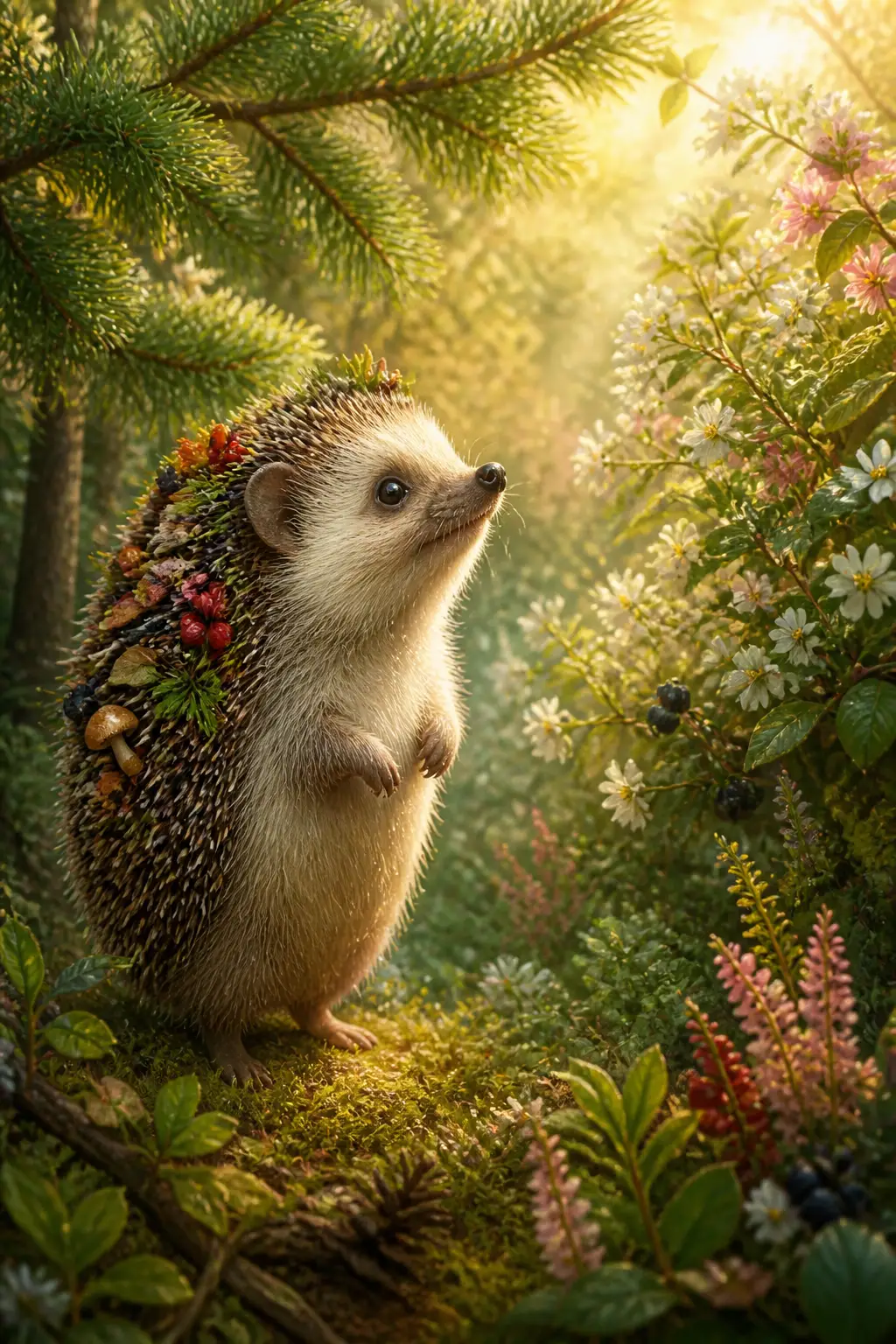 Illustration d’un hérisson mignon dans une forêt magique de printemps