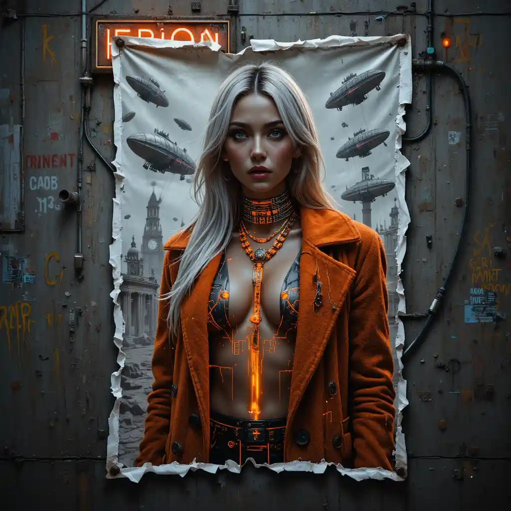 Neon lit noir woman poster in a rainy urban alley