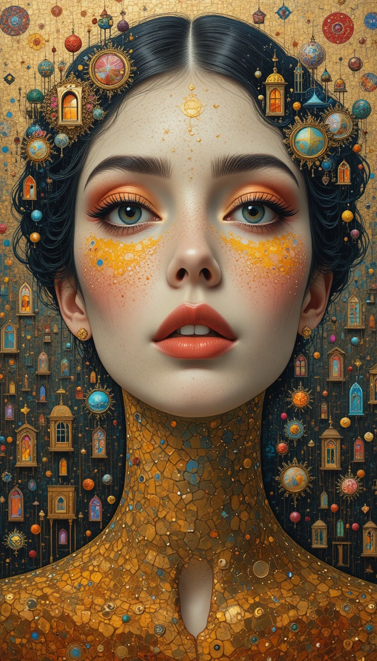 Rostros surrealistas en mosaicos dorados entre mundos fractales cambiantes