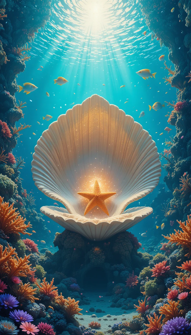 Santuário de Concha Brilhante com Estrela-do-mar Luminosa Subaquática