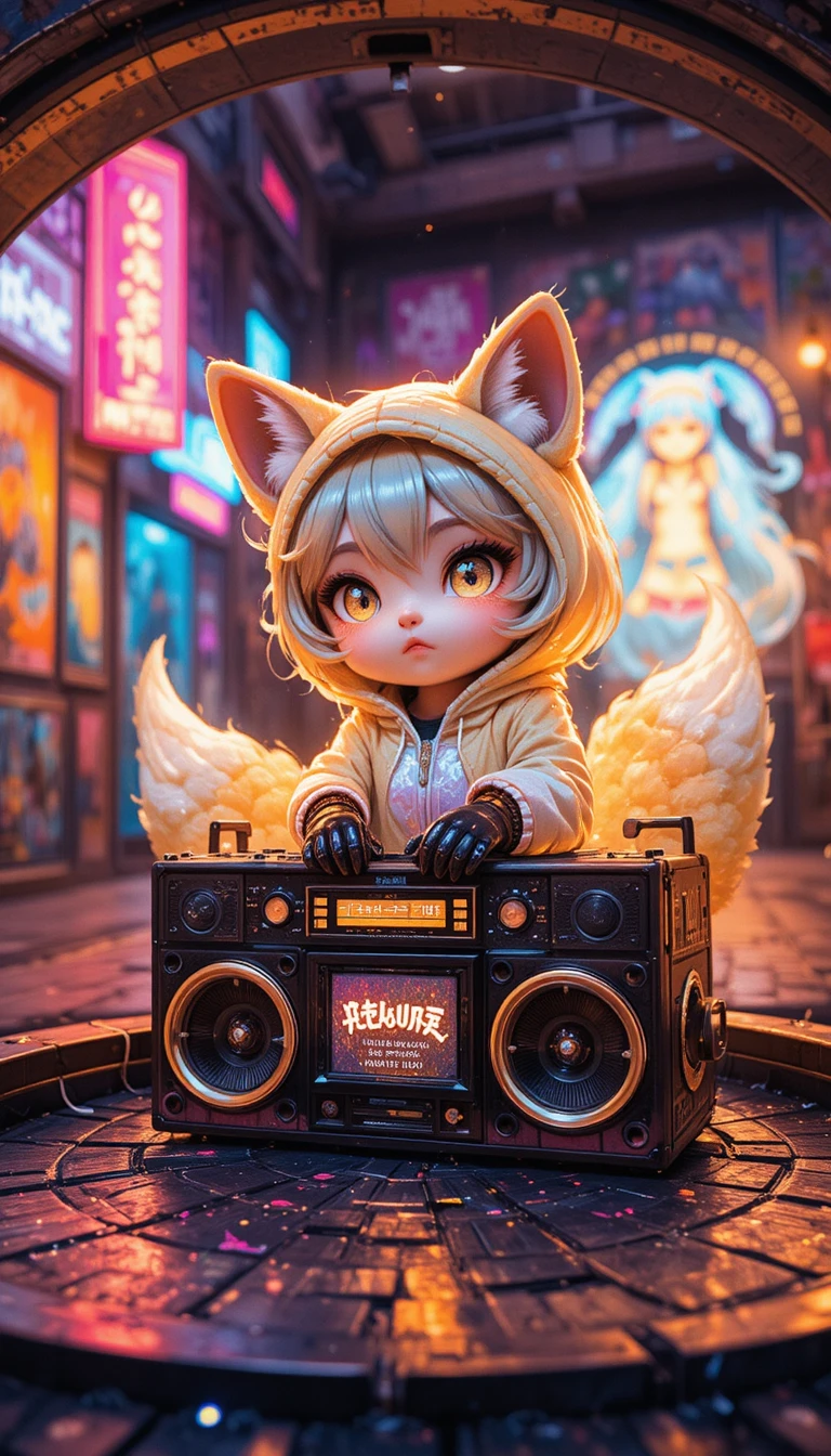Chibi fox DJ with boombox in neon street scene
