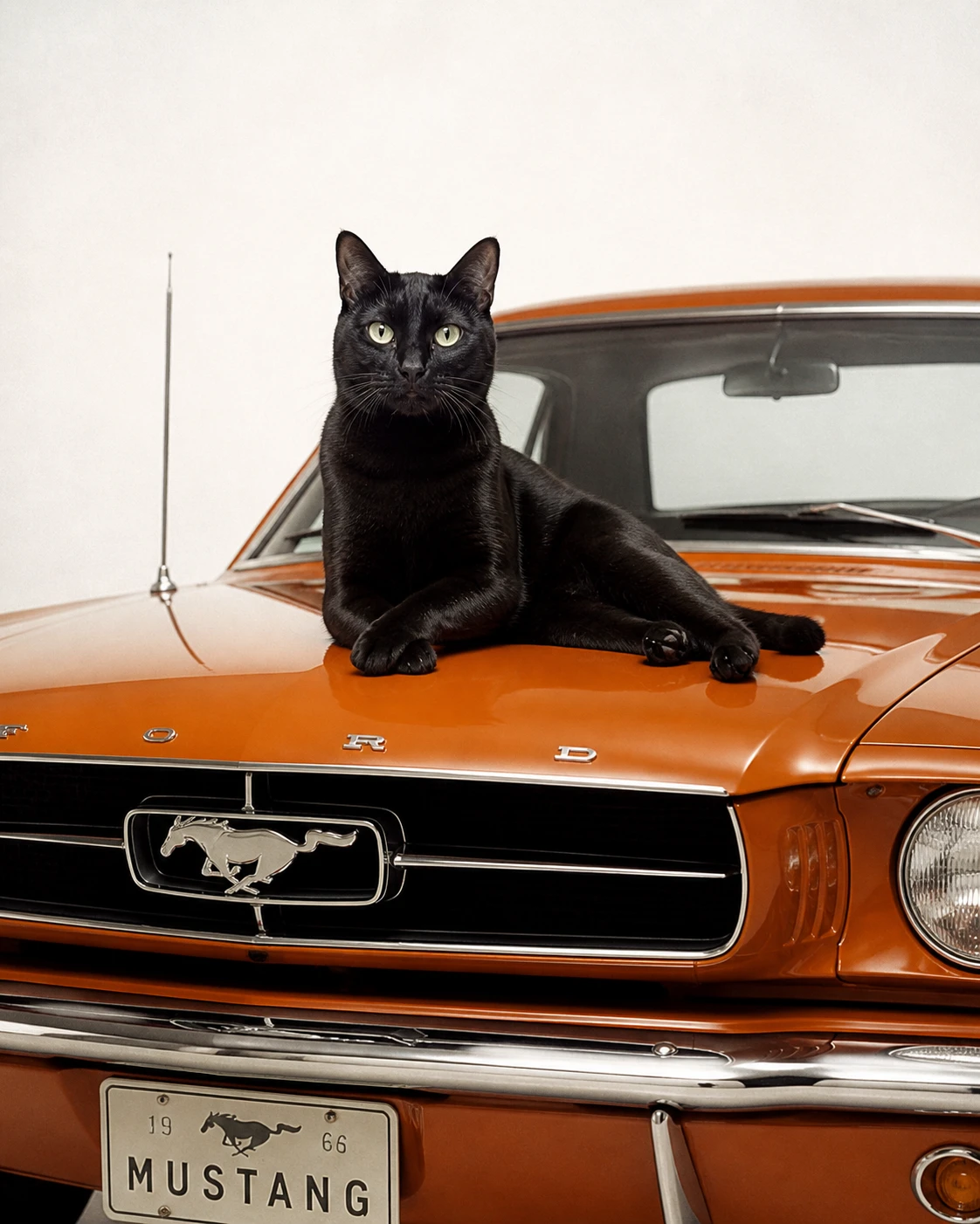 Elegante gato preto no capô de um clássico Ford Mustang laranja