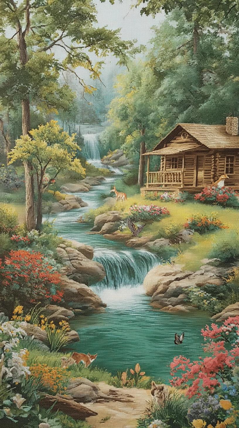 Gemütliche Hütte am Fluss mit Wasserfall im Sommerwald