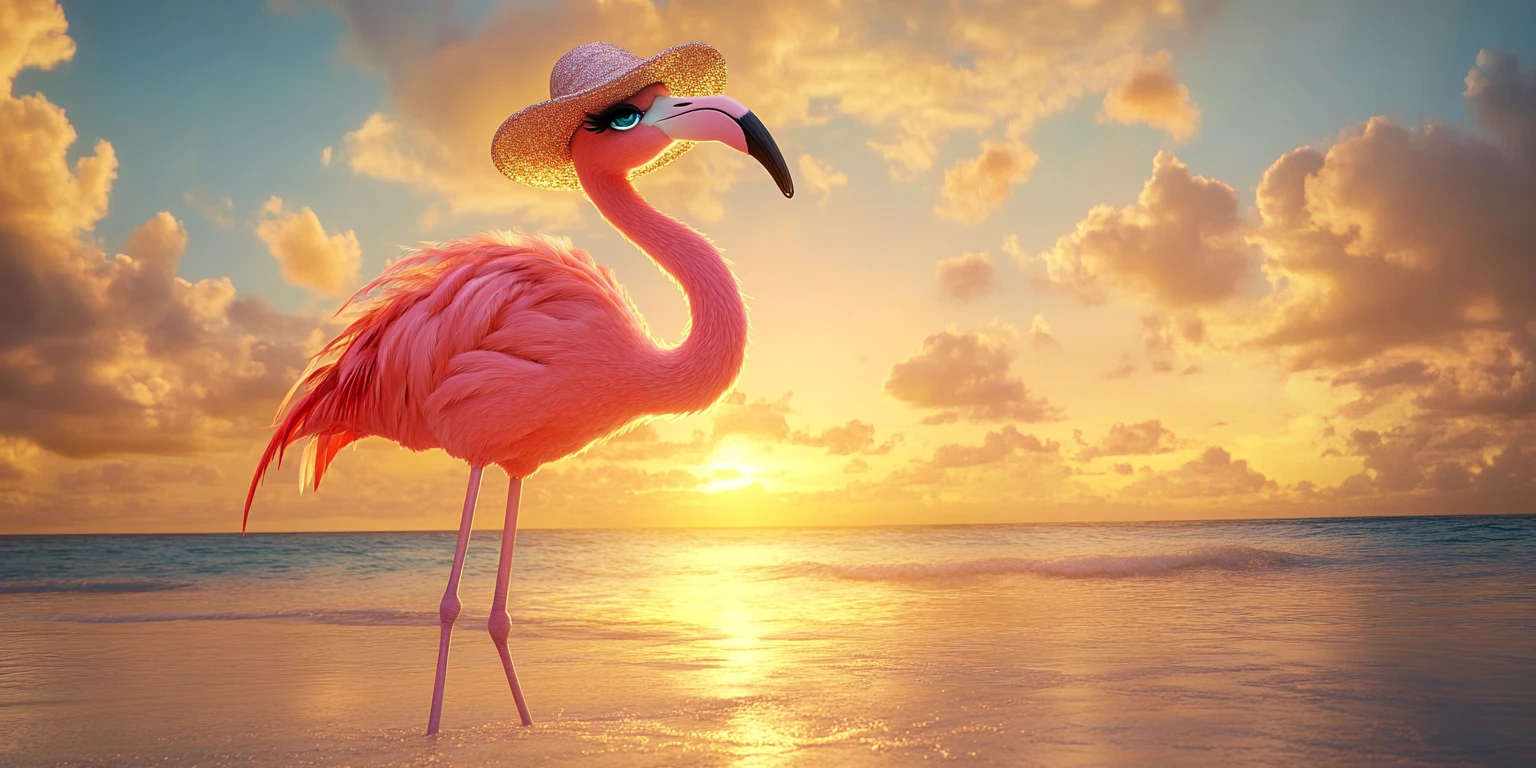 Diva Flamingo Glamorosa na Praia Tropical ao Pôr do Sol