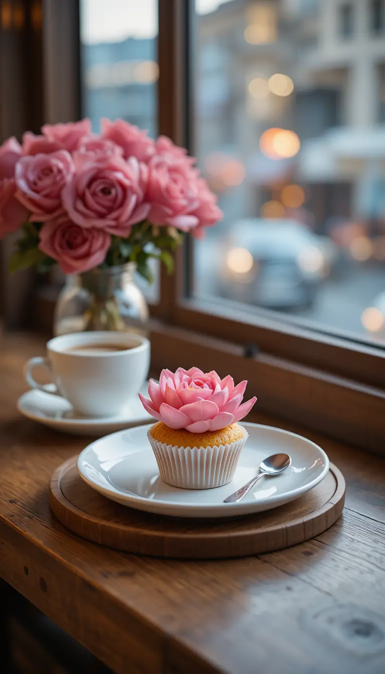 Lotusblüten-Cupcake auf Tablett in gemütlichem Café