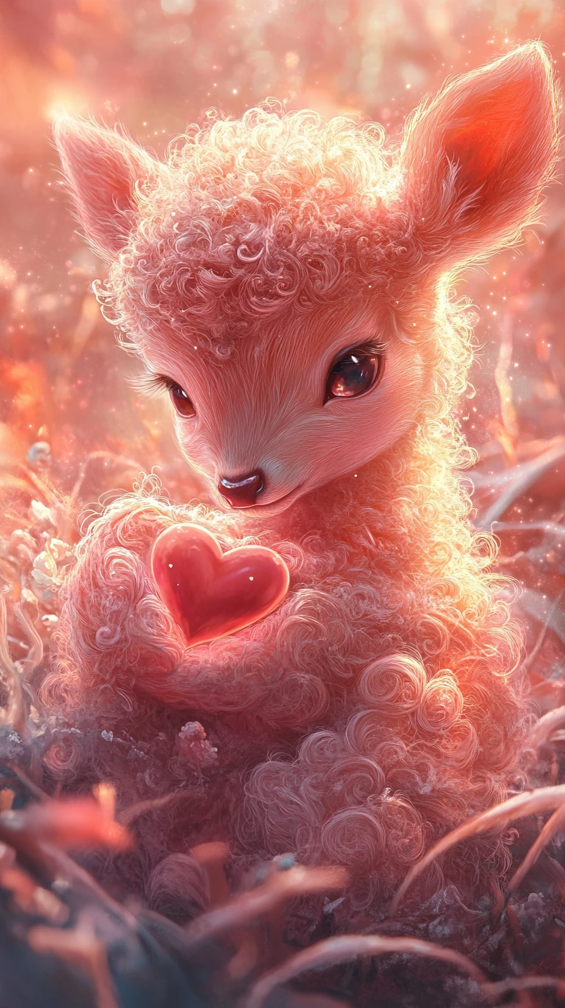 Adorable faon tenant un cœur lumineux dans des tons roses