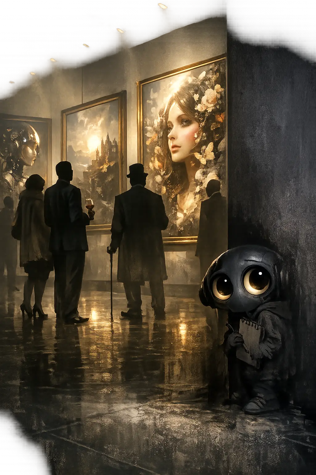 Piccolo artista ansioso in una cupa galleria d’arte moderna