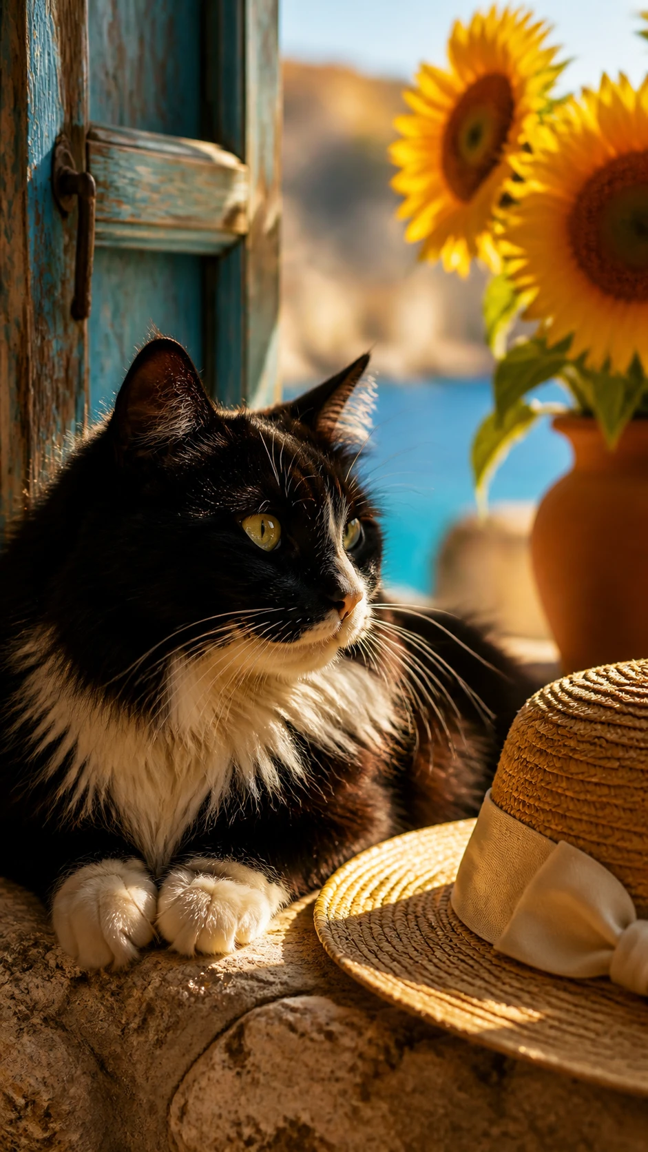 Gato tuxedo descansando em peitoril de janela de calcário ensolarado