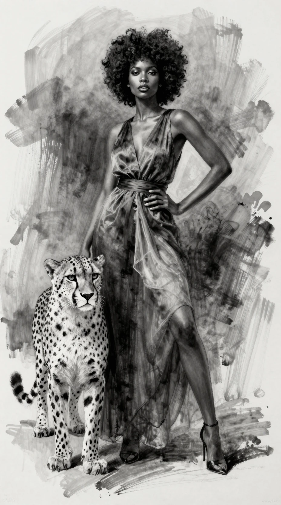 Elegante donna con afro accanto a un disegno di ghepardo