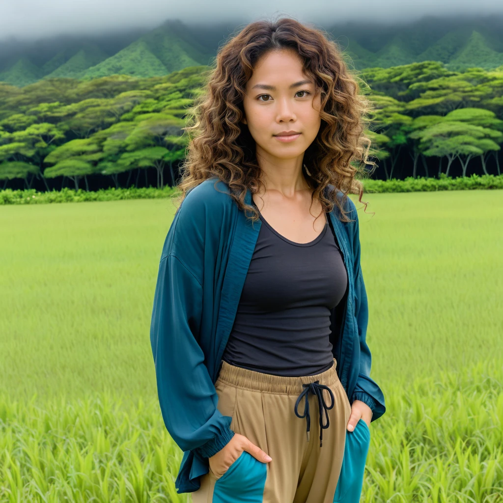 Donna di Okinawa in piedi in un campo sotto un cielo nuvoloso