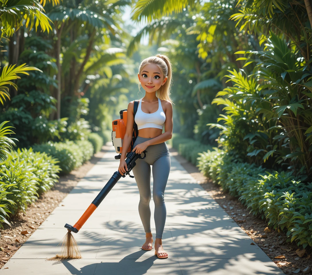 Woman using a backpack leaf blower on a sunny path